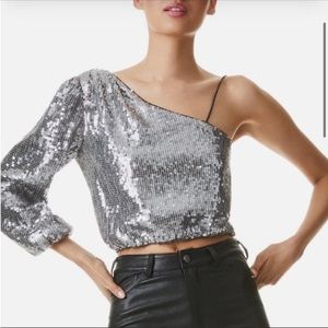 NWT ALICE + OLIVIA Lucinda One Shoulder Sequin Top